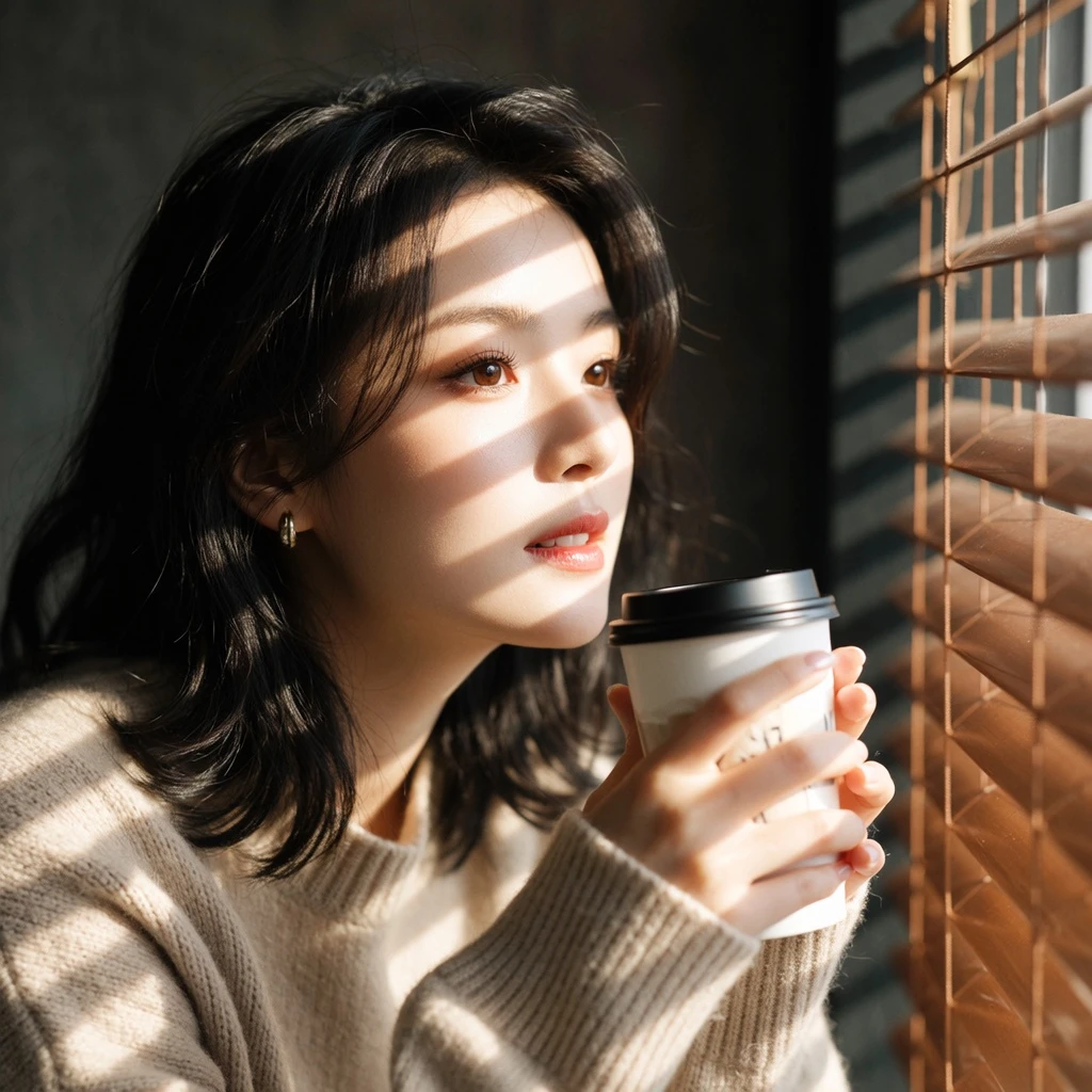photo of a young chinese woman in her 20s, with shoulder-length wavy black hair and light makeup, sitting by the window in a vintage coffee shop, wearing a cozy beige sweater, holding a latte with both hands, gazing outside with a serene and focused expression, afternoon sunlight streams through the blinds creating soft light and shadow on her face, close-up shot, shallow depth of field, warm and healing mood, hyperrealistic, shot on Sony A7IV, 50mm f/1.8 lens.