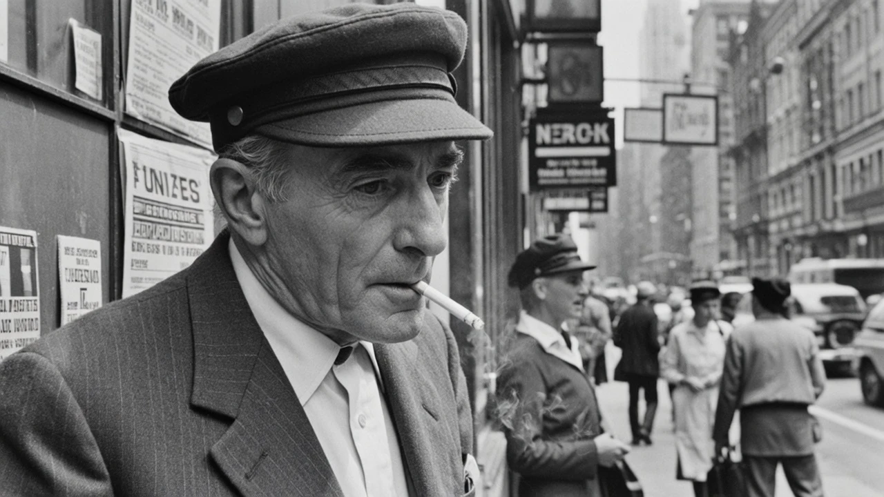 Documentary black and white street photography, **in the style of Henri Cartier-Bresson**. An elderly newspaper vendor is leaning against his stand, **lighting a cigarette in a fleeting moment between crowds**. He wears an old newsboy cap, **his weathered face has deep wrinkles**, his eyes are tired but sharp. The background shows a blurred New York street with pedestrians.