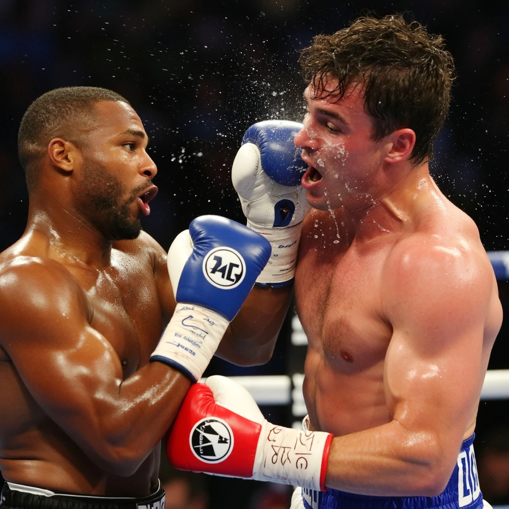 B0x13ng Boxing Video,Two male professional boxers in a brightly lit ring. The boxer on the left, an African man, throws a **powerful right hook**, his glove **making solid impact** with the Caucasian boxer's cheek. The impacted boxer's **facial muscles are distorted from the force**, with **sweat and spit flying from his mouth in a visible spray**. The **harsh overhead stadium lights** create **dramatic, high-contrast shadows**, highlighting the glistening muscle definition and sweat beads. The crowd in the background is blurred with camera flashes.