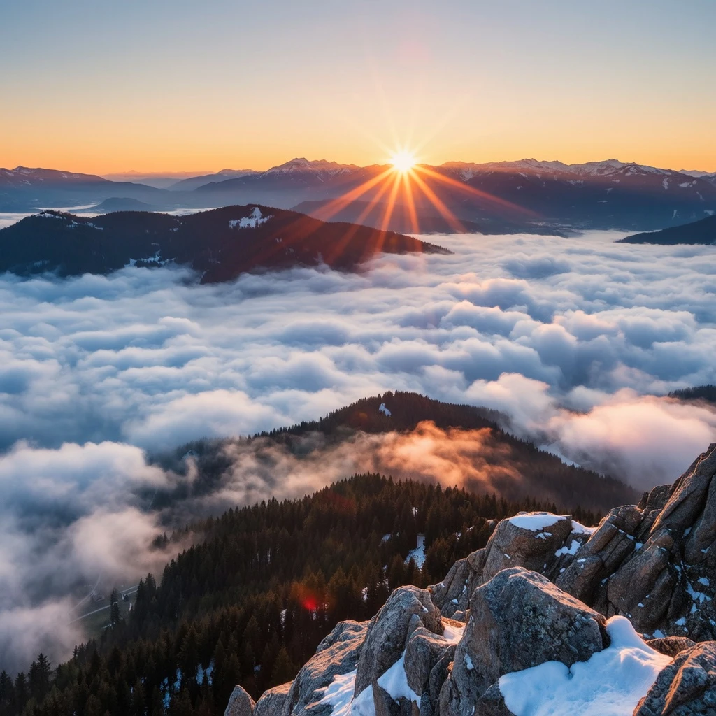 f4nt4sy_sc3n3 fantasy landscape,Epic landscape photography, a masterpiece. View from the summit of a high peak in the Swiss Alps, overlooking a **sea of rolling clouds** that fills the valley below. The **first light of sunrise** is breaking from behind a distant peak, casting **golden rays that rim-light the edges of the clouds** and create **dramatic crepuscular rays (Tyndall effect)**. The air is crisp and clear, with the sky graduating from deep blue to fiery orange. In the foreground, snow-dusted rocks add a sense of scale and depth.