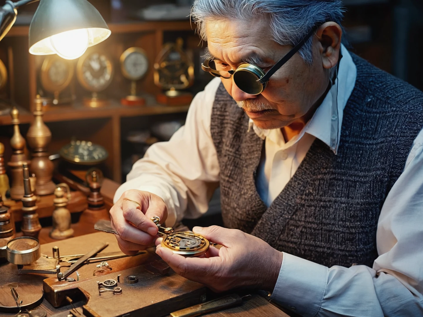 close-up photo of an elderly male watchmaker, his wrinkled face wearing a monocle loupe, intense focus in his eyes, repairing the intricate interior of an antique pocket watch. He is wearing a dark vest. The background is his dimly lit workshop, only a single warm yellow desk lamp illuminates his hands and the watch, tiny dust particles visible in the air. high-texture, shallow depth of field.