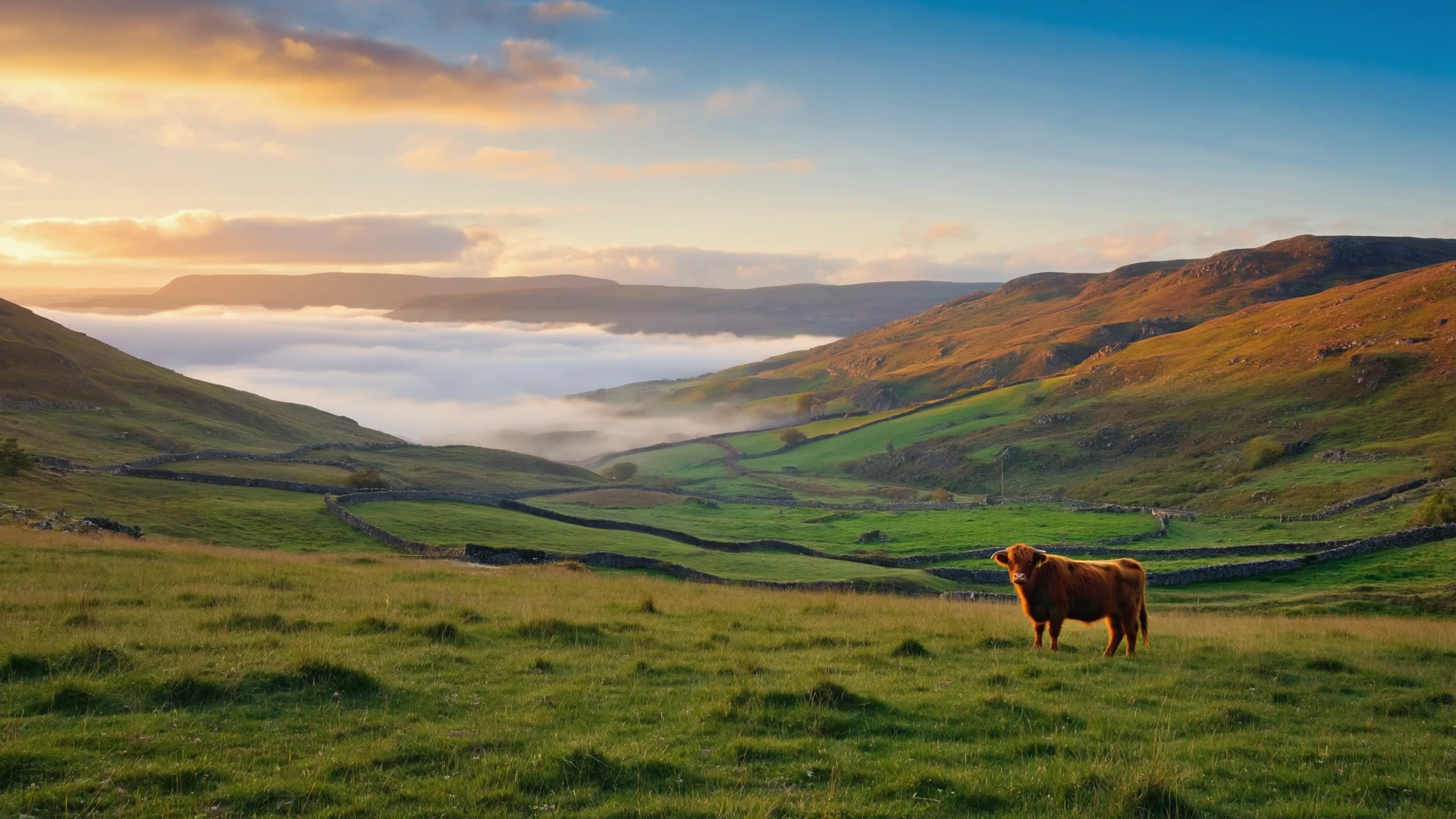 A photograph of the Scottish Highlands in the early morning, thick fog rolling over the green hills and ancient stone walls. The sun is just rising, casting golden sunbeams through the mist (crepuscular rays). a lone Highland cow with dew on its fur stands in the meadow. wide-angle shot, epic and serene atmosphere.