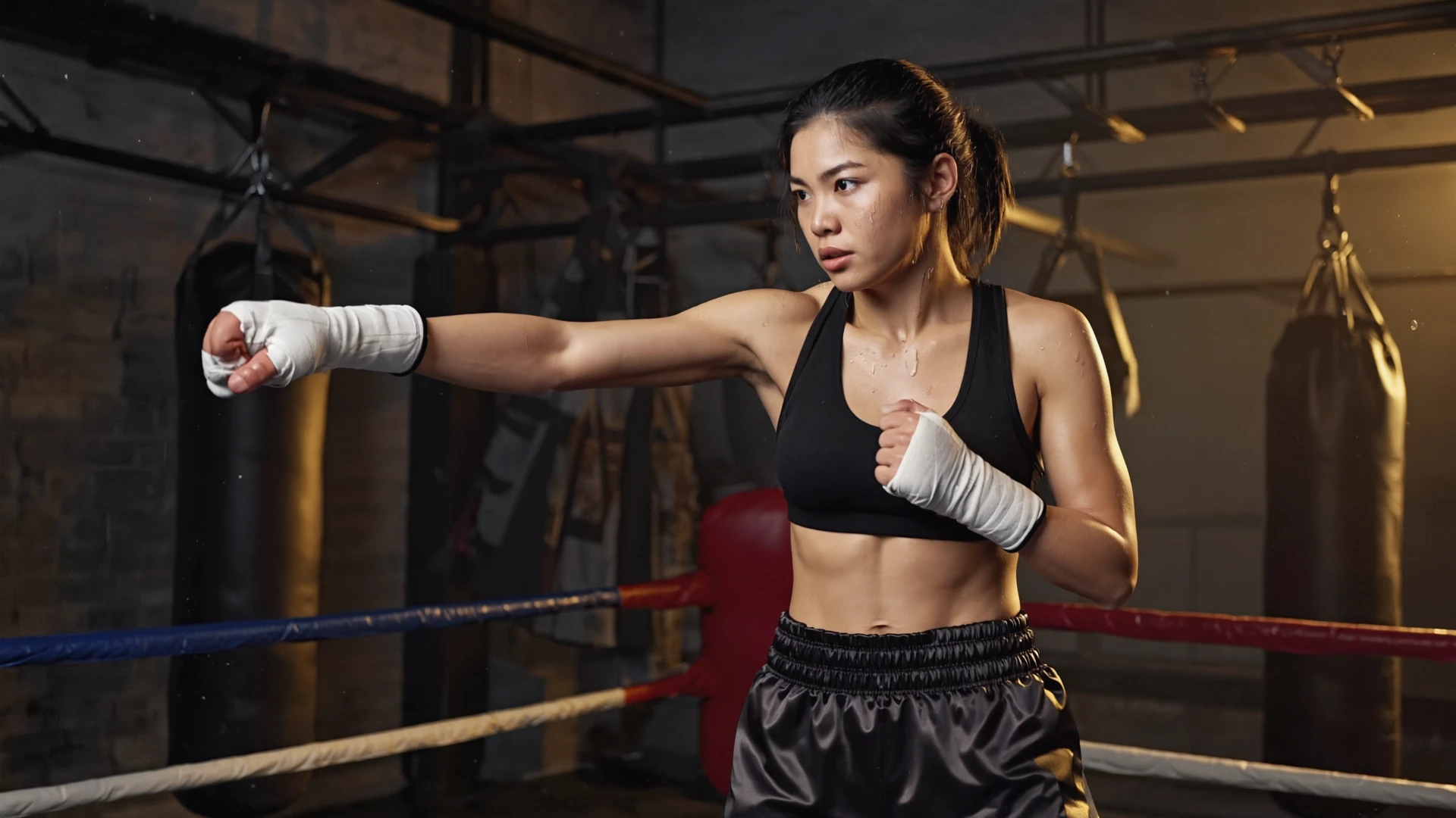 Action photograph of a female boxer during an intense training session in a gritty, dimly lit gym. She has just thrown a powerful right hook, and beads of sweat are flying off her brow. Her eyes show fierce determination, muscles tense and defined. The background is blurred with punching bags and a boxing ring. Dramatic side lighting highlights the contour of her body and the flying sweat droplets.