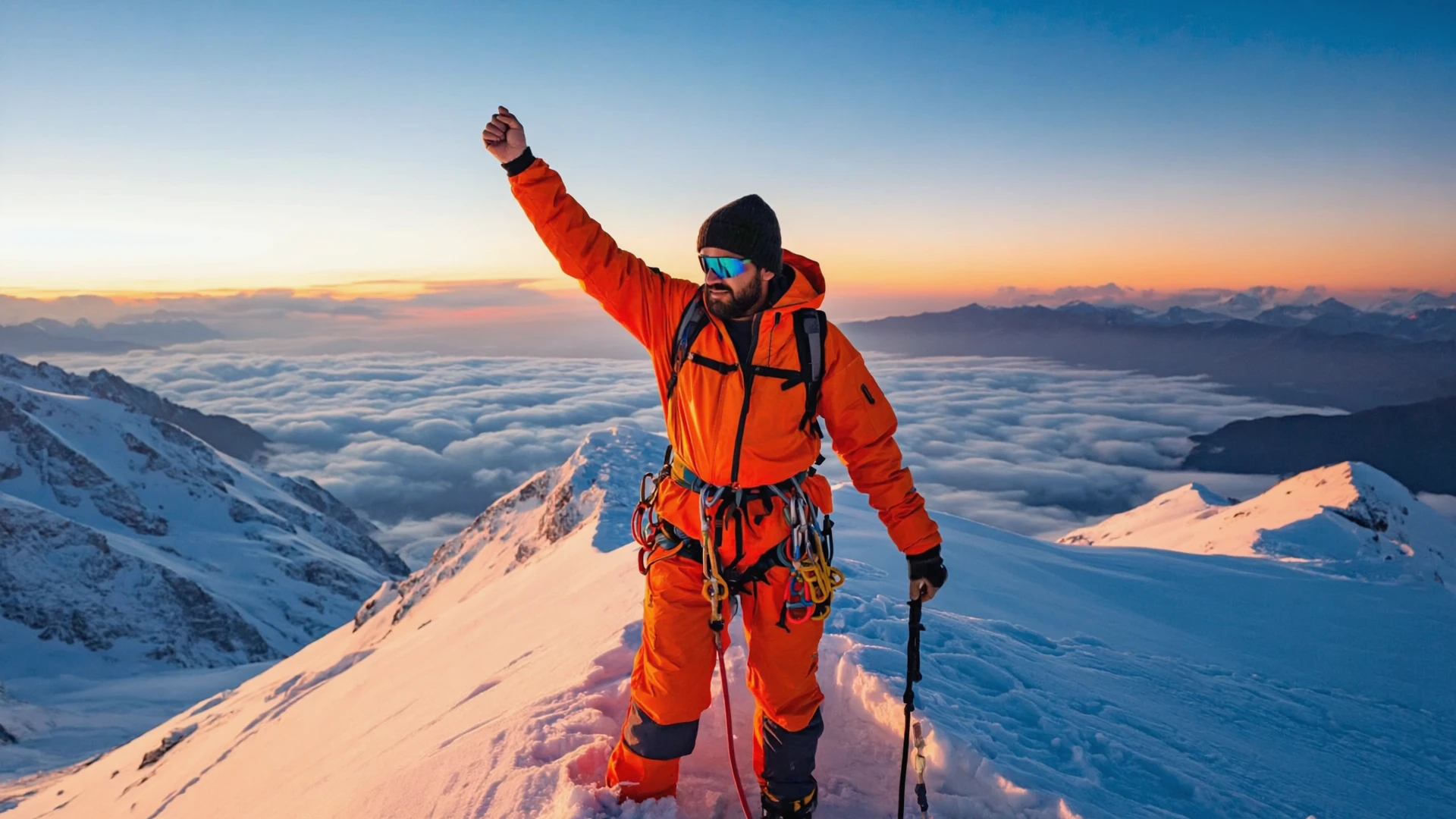 A mountain climber has just reached the summit of a snow-covered mountain at sunrise. He is wearing professional orange cold-weather gear and climbing equipment, his face a mixture of exhaustion and exhilaration. His breath forms a visible cloud of vapor in the frigid air. The background is a breathtaking panorama of sprawling mountain ranges and a sea of clouds, all tinted gold by the rising sun. Epic wide-angle shot, sense of scale.
