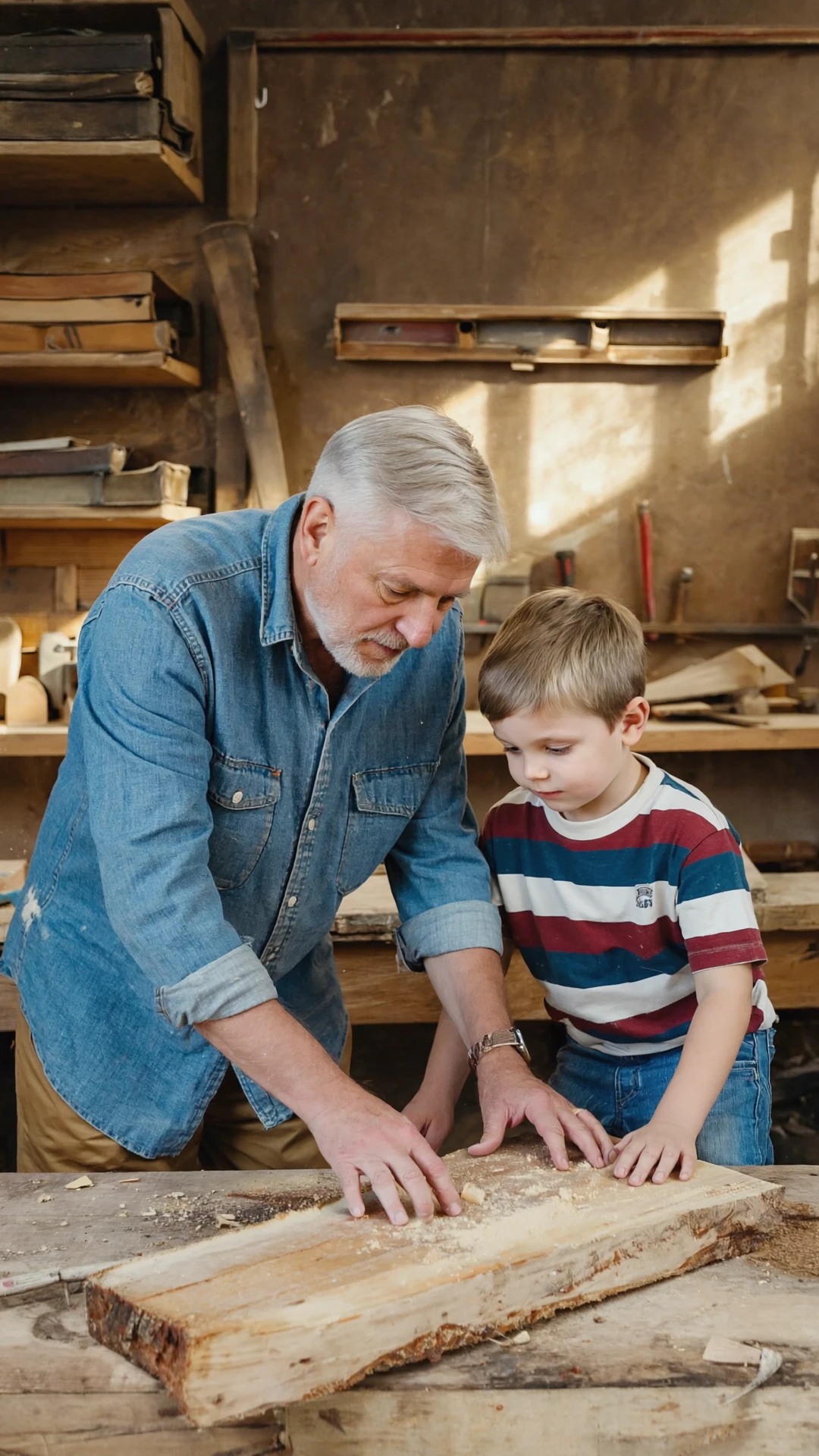 In a dusty, cluttered garage filled with old books and woodworking tools, a kind grandfather is bending over, his hands gently guiding his young grandson's hands as he learns to sand a small piece of wood with sandpaper. Afternoon sunlight slants in through the open garage door, creating a warm beam of light that illuminates the floating sawdust. The child's expression is a mixture of concentration and curiosity, while the grandfather's eyes are full of patience and love.