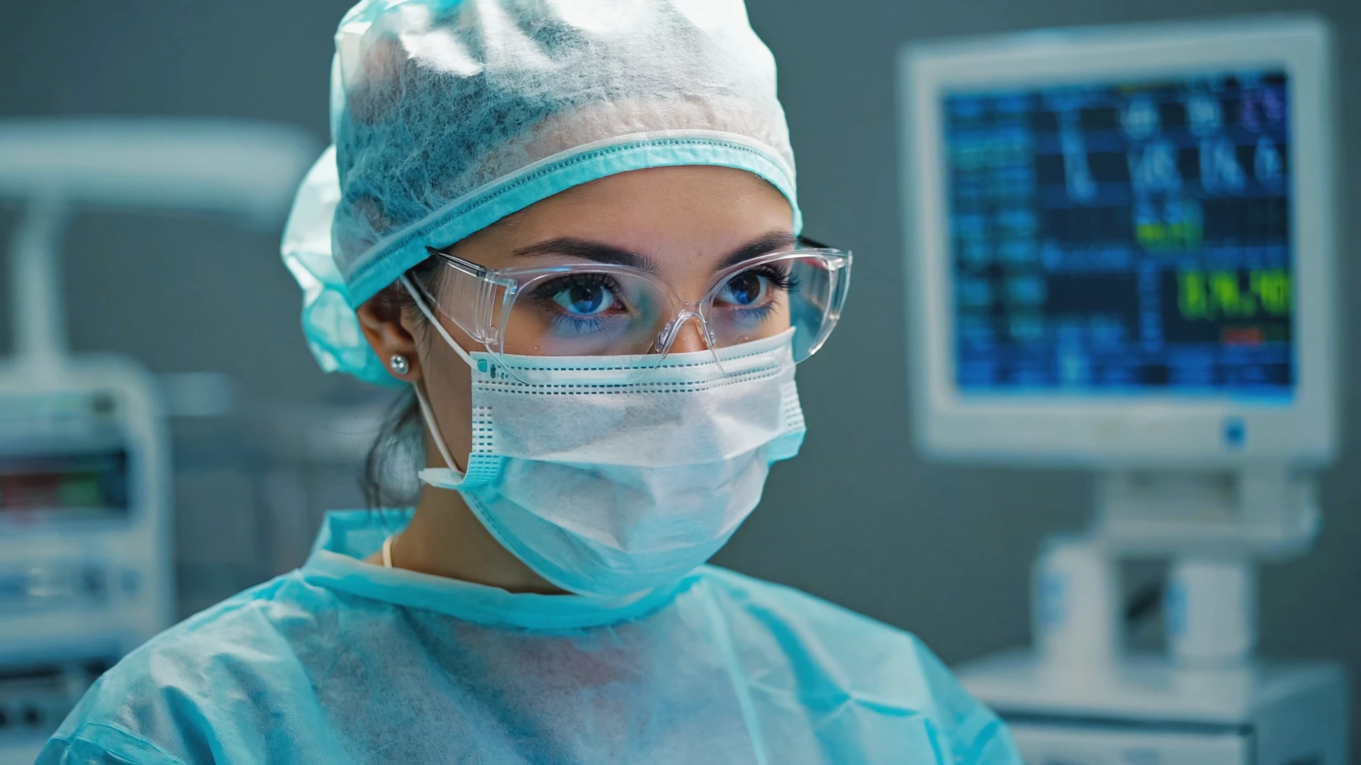 In a modern operating room, a female surgeon wearing surgical loupes and a mask is performing a delicate procedure with intense focus. The bright, shadowless surgical lamp illuminates her eyes, which are sharp and steady. A slight sheen of sweat is visible on her forehead. In the background, monitors display vital signs, and various medical instruments are visible. Close-up shot, filled with tension and professionalism.