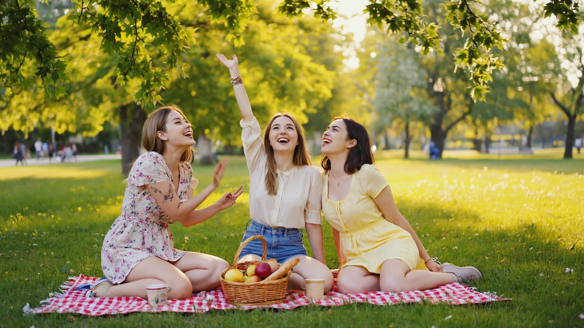 On a sunny spring afternoon, three young female friends are having a picnic on the grass in a park. They are sitting on a checkered picnic blanket, surrounded by a basket of fruit and some bread. One of the girls is telling a joke, causing the other two to laugh heartily and unreservedly. The sunlight filters through the leaves of a tree overhead, creating dappled, dancing spots of light on their hair and clothes. The image is full of youthful energy and genuine friendship.
