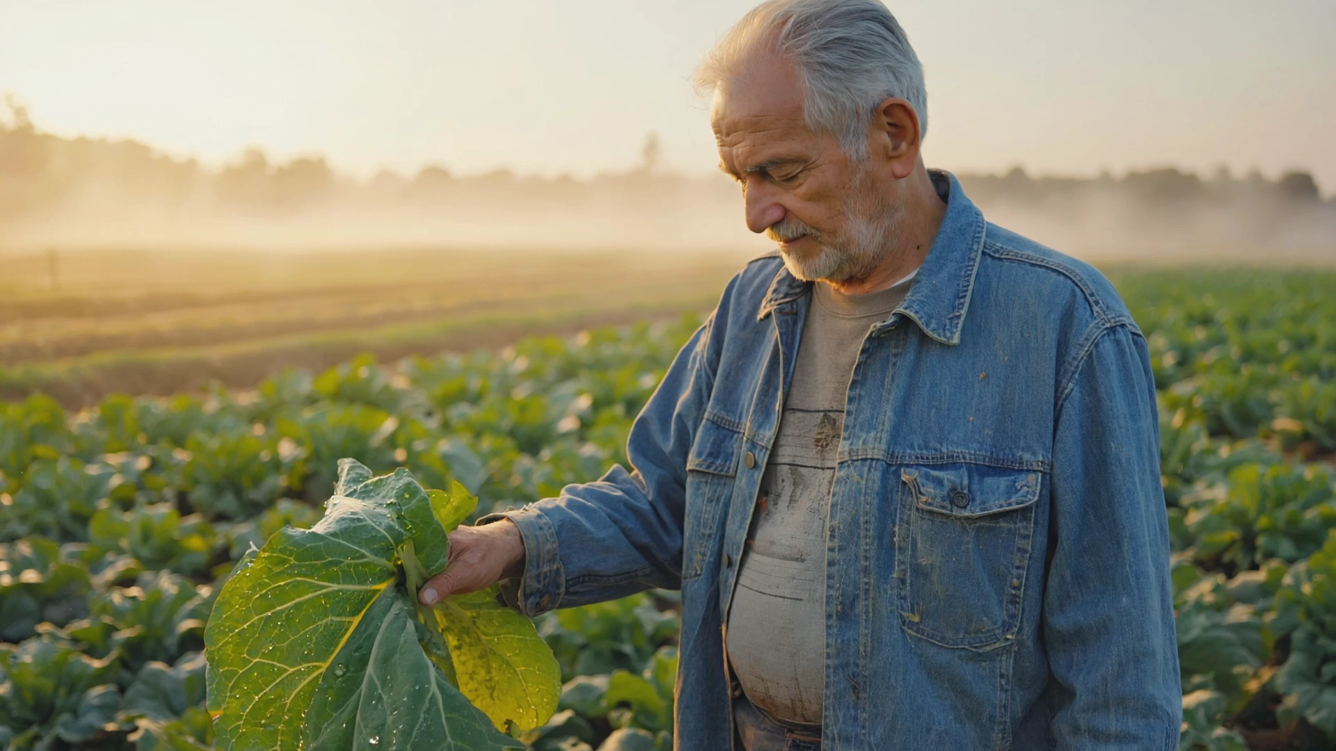 At dawn, an old farmer with dark, weathered skin stands in his vegetable field. The early morning mist has not yet dissipated, blurring the distant fields. He wears a simple, old jacket, and his hands are soiled with earth as he gently touches a dew-covered leaf with his calloused palm. The faint light of the rising sun comes from behind him, creating a golden rim light around his figure.