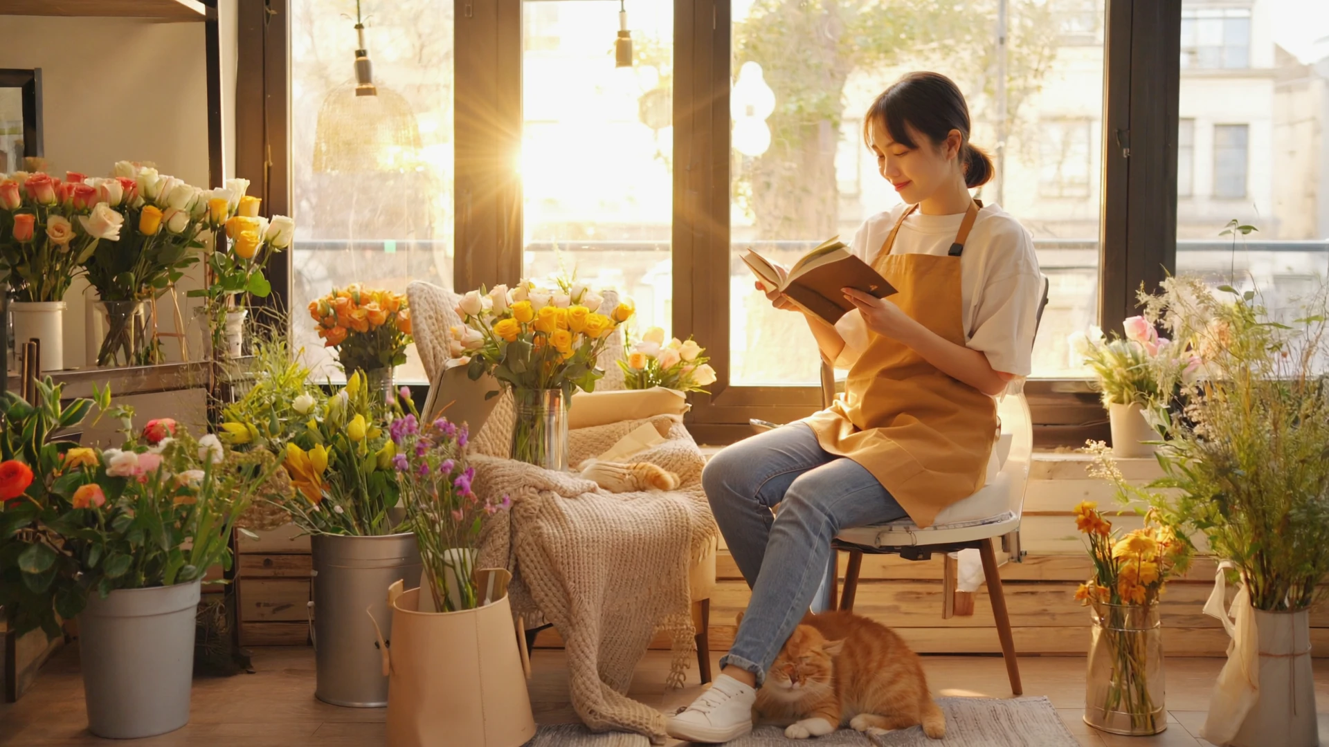Inside a cozy, sunlit flower shop, a young female owner is focused on trimming a fresh bouquet of roses. She wears a linen apron, her hair casually tied up, with a gentle smile on her face. She is surrounded by buckets of various flowers, green plants, and rolls of wrapping paper, creating a scene of organized chaos. Soft morning light streams through the large street-front window, making the texture and colors of the petals incredibly vibrant.
In a cozy living room corner, a young woman is curled up in a soft armchair under a knitted blanket, peacefully reading a book. Warm afternoon sunlight streams generously through a large window, creating bright patches of light on the floor and visibly illuminating tiny dust motes dancing in the air. An orange tabby cat is curled up asleep by her feet. The entire scene exudes serenity, comfort, and a sense of peaceful contentment.