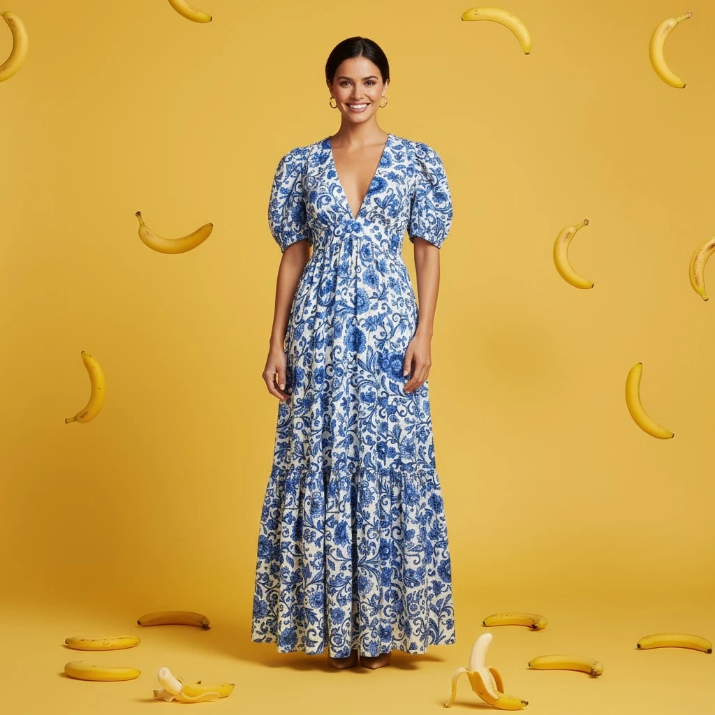 Create a professional e-commerce fashion photo. Select the blue floral dress from the first image and have the woman in the second image wear it. Generate a realistic full-body photo of the woman wearing the dress, with a yellow-tinted background scattered with bananas, and adjust the lighting and shadows to match the background.