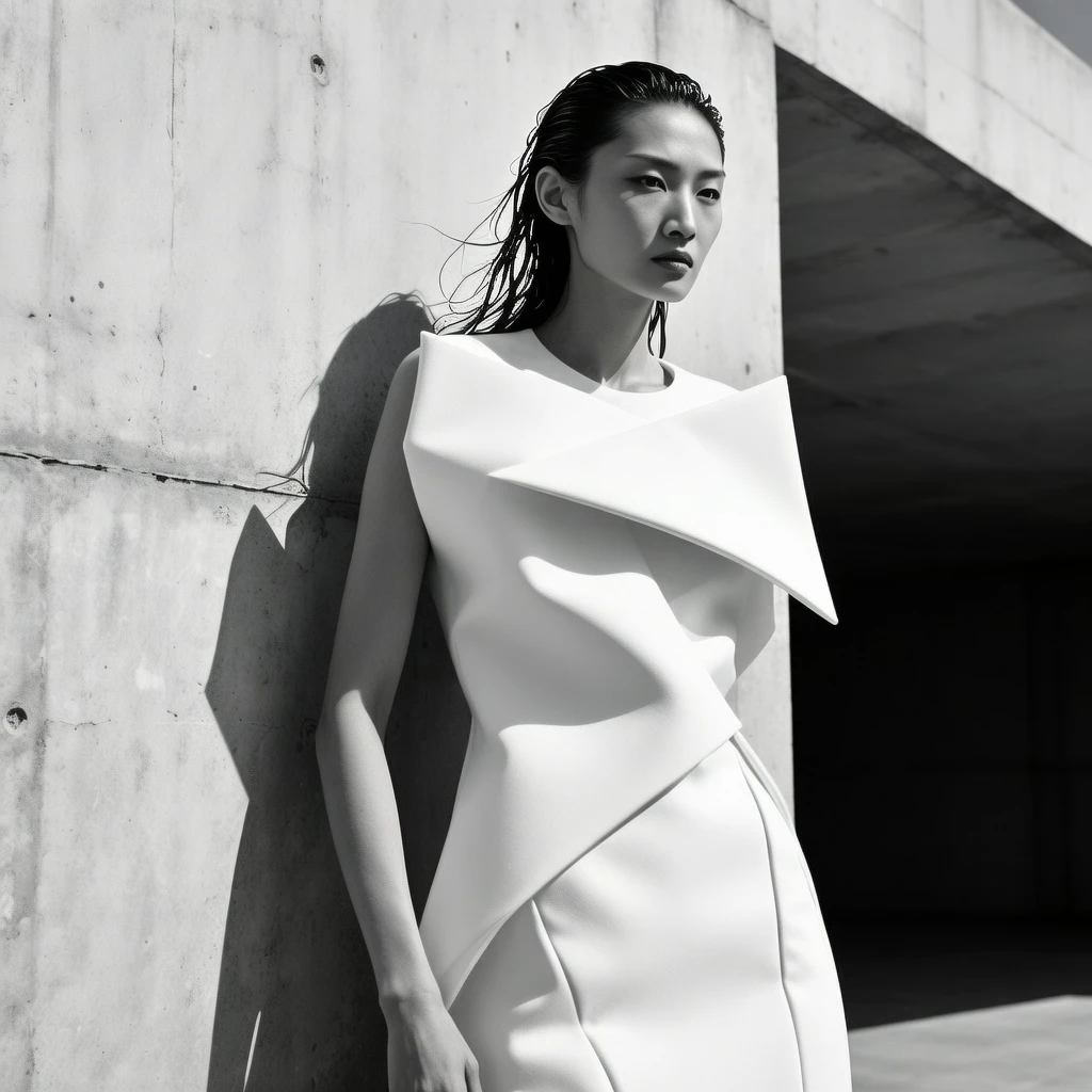 A full-body shot of an Asian model with sharp, defined facial features and wet, slicked-back hair, her gaze is firm and direct. She is wearing an asymmetrical, sculptural, heavy-fabric pure white dress. The background is a minimalist concrete architecture with harsh light and shadow play. Dramatic, hard lighting, like intense afternoon sun, creates clean, long shadows. In the style of Peter Lindbergh, shot on a Hasselblad medium format camera, black and white photography, fine-grained, hyperrealistic, 8K.