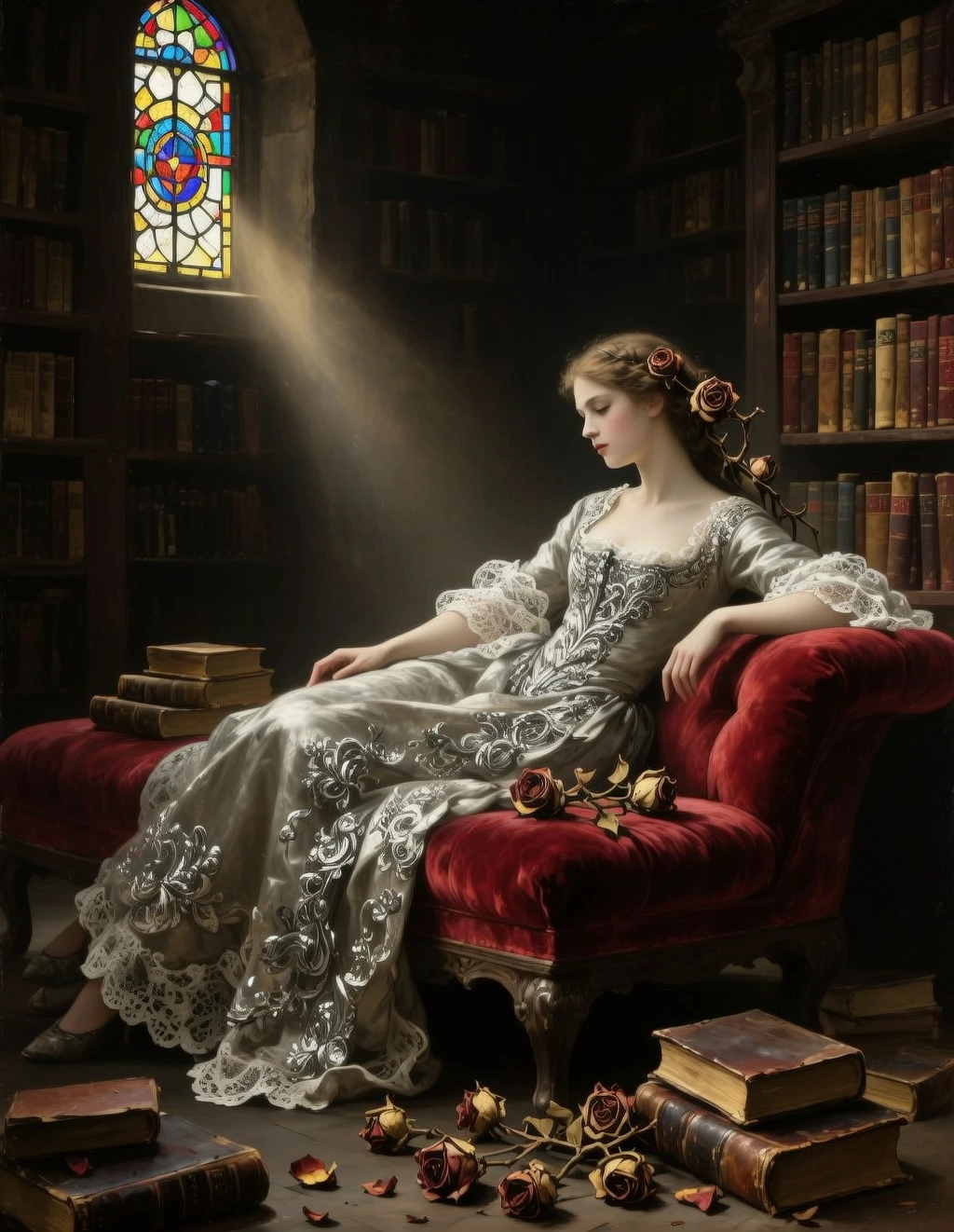 A fair-skinned model with classical beauty, lounging on a velvet chaise lounge, surrounded by old books and withered roses. She is wearing a baroque-style lace gown, her expression is languid and contemplative. The scene is a dim, old library, with a single stream of Rembrandt-style light from a side window illuminating her face and figure. Composition inspired by a John William Waterhouse painting, rich in narrative. The overall tones are deep and heavy, with strong chiaroscuro, creating an oil painting texture and detail.