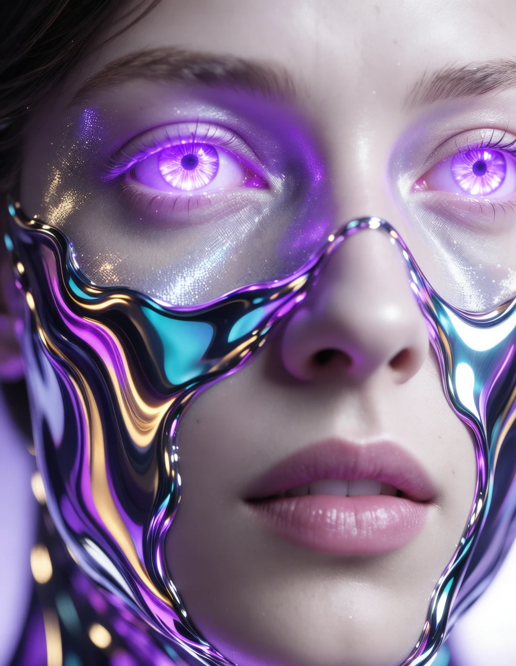 Close-up portrait of a model whose face is partially covered in flowing liquid metal or an iridescent, second-skin-like substance. She has otherworldly, light purple eyes and stares directly into the camera. The background is completely blurred out, leaving only a soft halo of light. The lighting is even and ethereal, as if from a bioluminescent source. Inspired by the style of Nick Knight, the image emphasizes surreal textures and subtle color gradients, exceptionally sharp, with breathtaking detail, 16K.