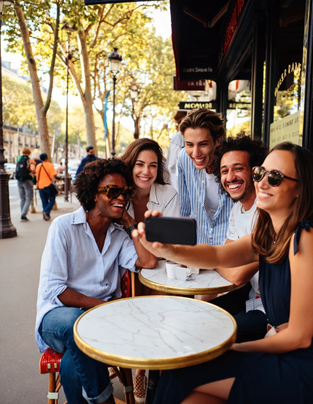 A group of friends laughing together at an outdoor café in the city, one wearing sunglasses, another holding a smartphone, stylish but casual outfits, natural light, authentic street photography style.