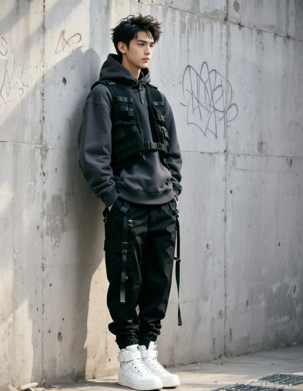 A young male model standing in front of a minimalist concrete wall, wearing oversized streetwear hoodie, cargo pants, and white sneakers, hands in pockets, casual but stylish pose, editorial fashion photography, hyper realistic details