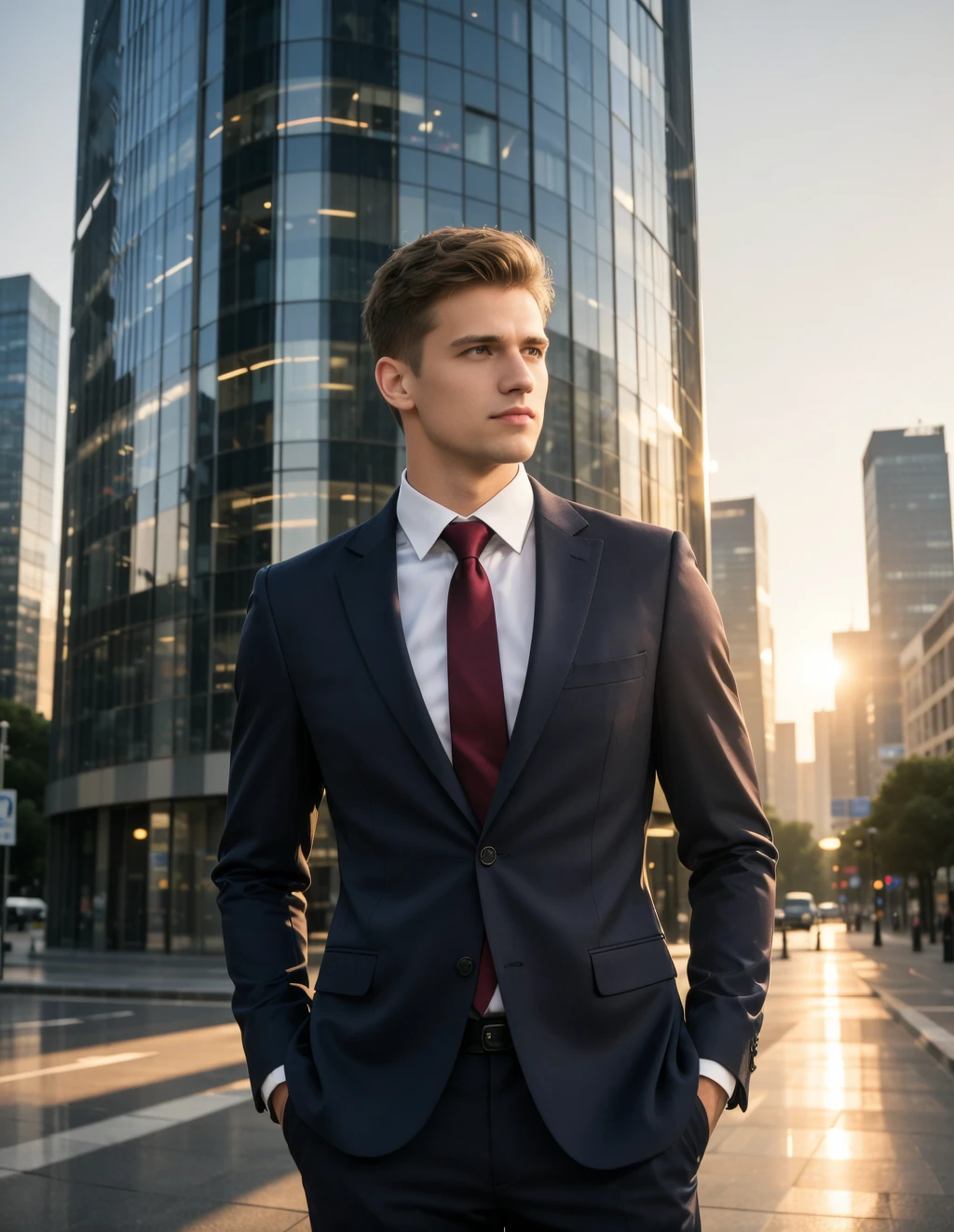 A young businessman standing near a modern glass building, wearing a dark suit and tie, looking confident, golden hour lighting, realistic fashion photography, urban city background, professional but natural style.