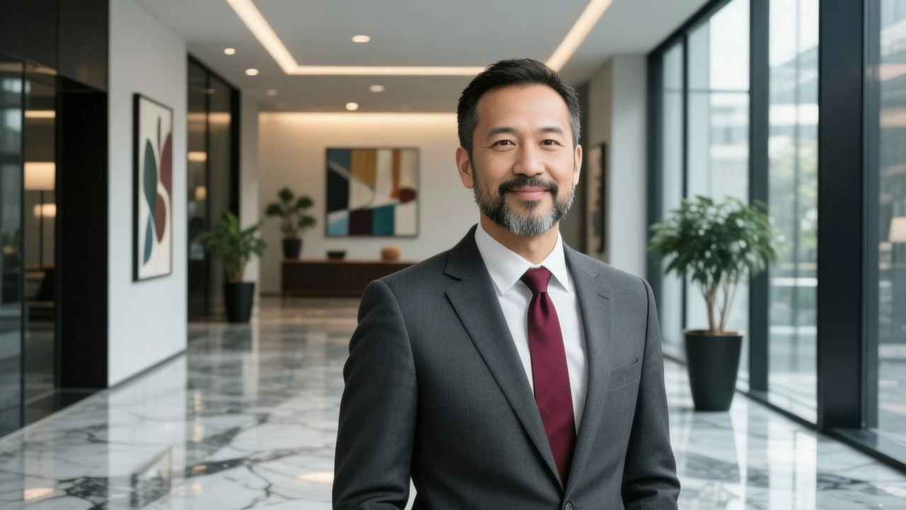 A professional man in his 40s, neatly groomed beard, wearing a tailored gray suit, standing confidently in a modern office lobby, realistic corporate headshot, clean lighting, natural expression.