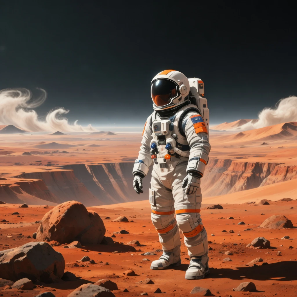 An astronaut in a spacesuit walking on the red desert of Mars, a giant dust storm rising behind, Earth is a tiny blue dot in the vast black sky. Cinematic, wide-angle shot, 4K, Interstellar movie style.