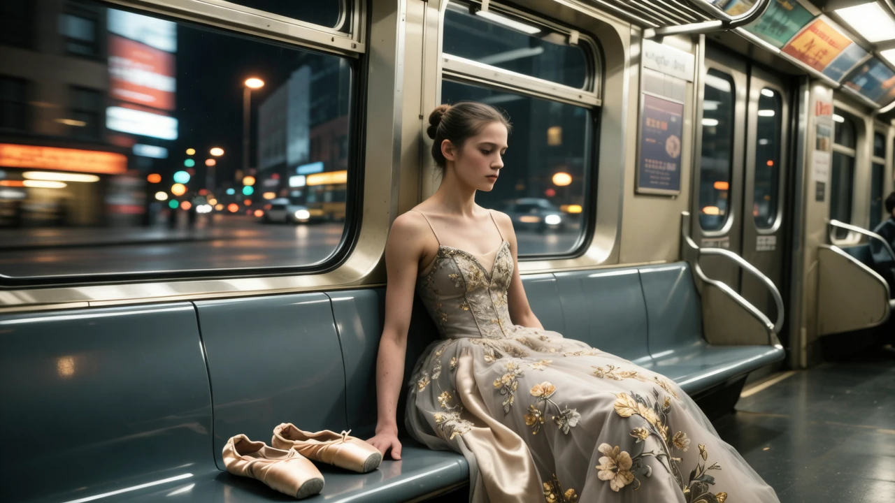 An exhausted ballerina in a haute couture gown, sitting in an empty subway car, her pointe shoes resting on the seat beside her. The city's nightscape rushes by outside the window. The atmosphere is quiet and lonely after a performance. In the style of candid documentary photography, lit by the carriage's fluorescent lights, cool color palette, photorealistic detail, 8K.
