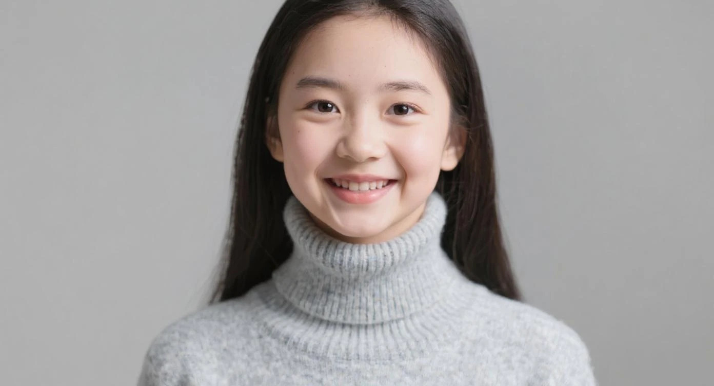 The girl opens her eyes and smiles at the camera.