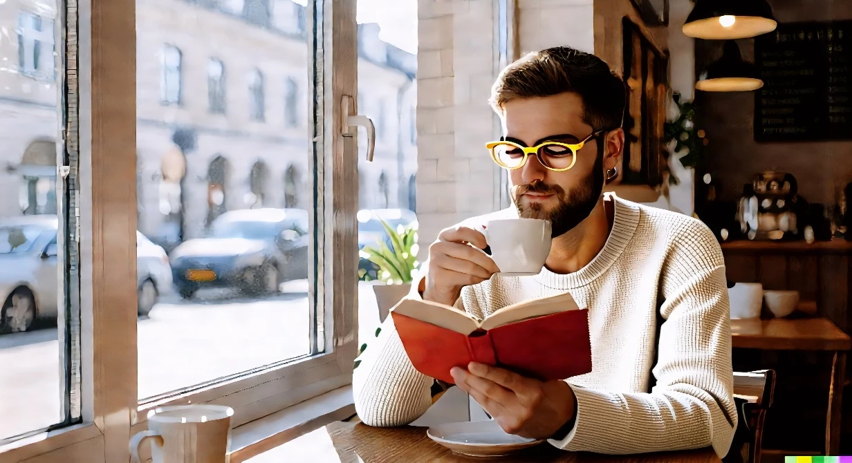 for a light gray sweater and gold thin-rimmed glasses.