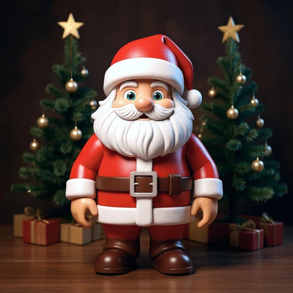 Santa Claus in front of the Christmas tree.