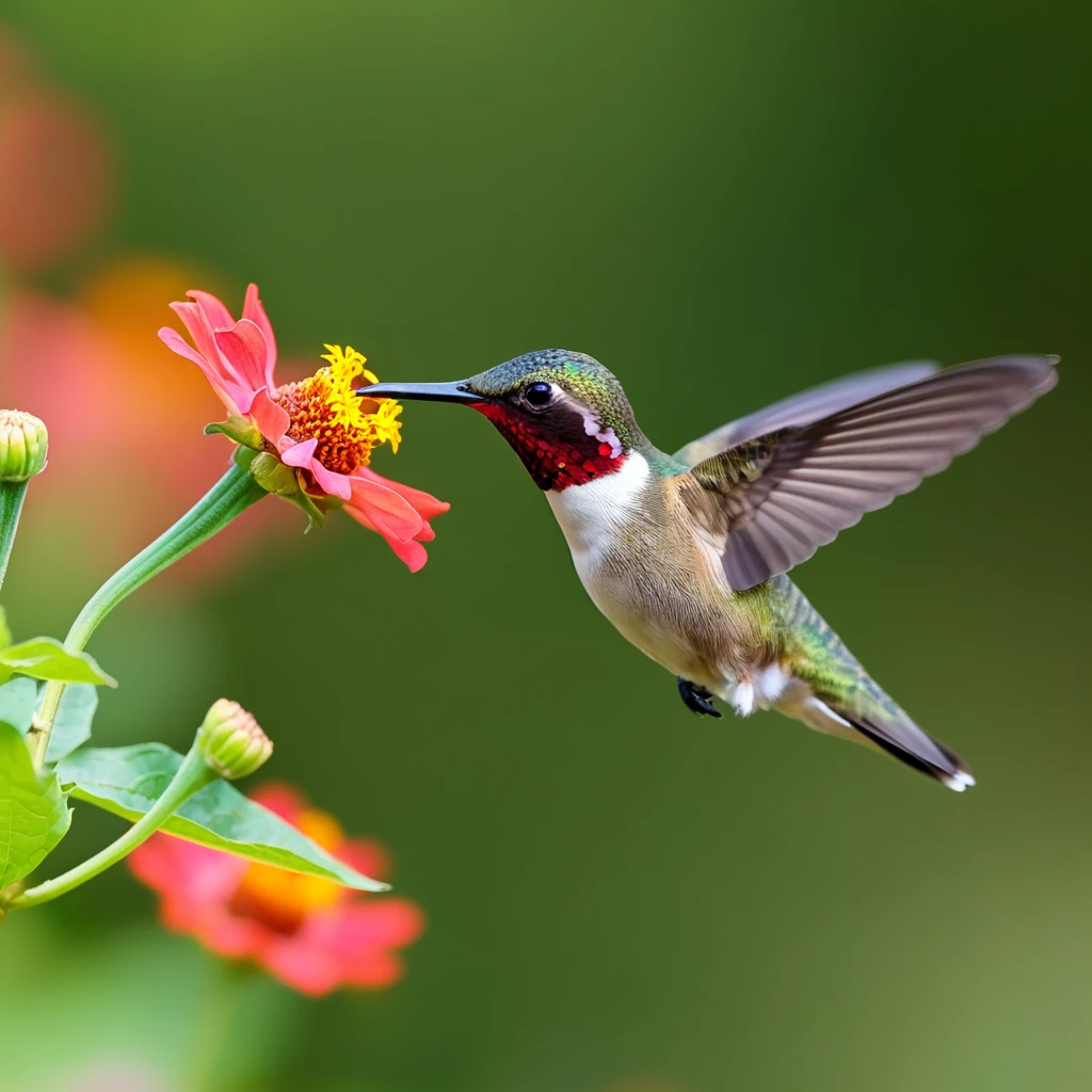 Hummingbird hovering near a blooming flower