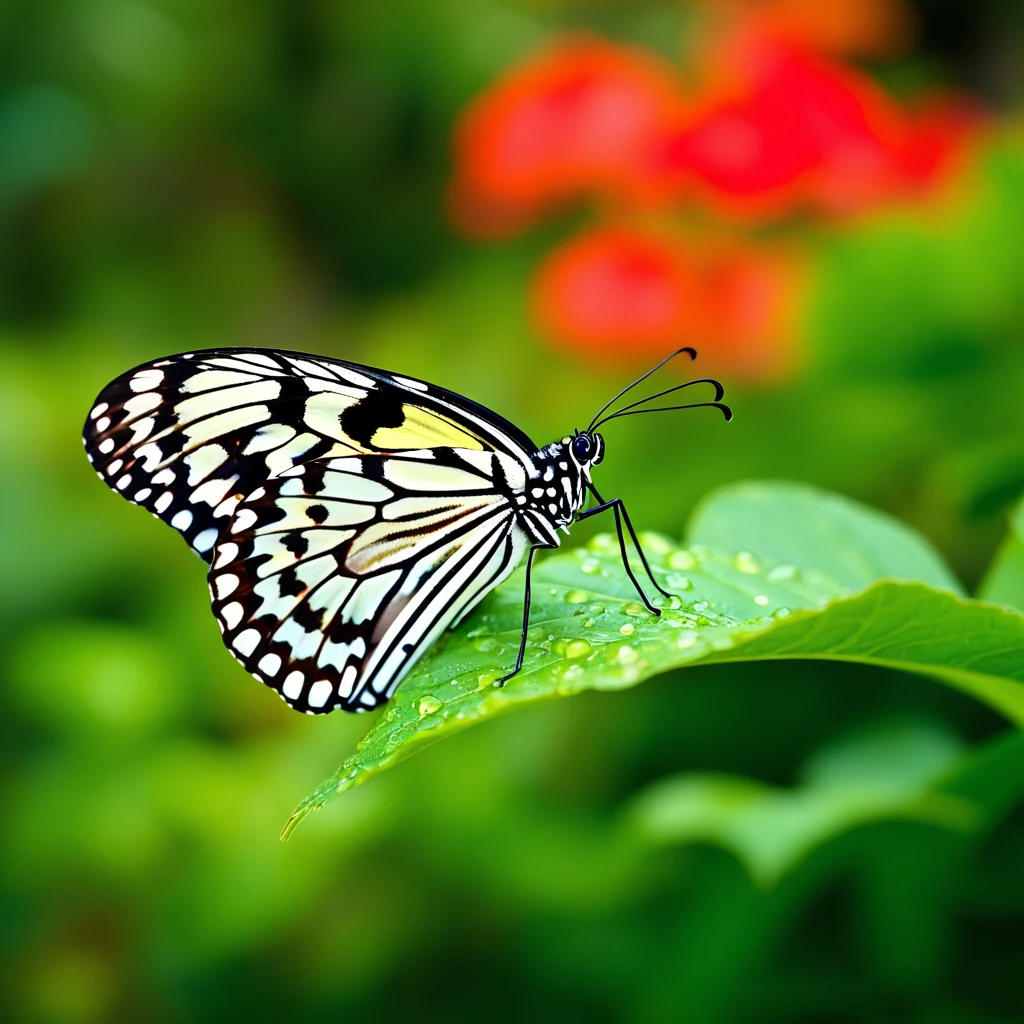 Butterfly resting on a wet leaf