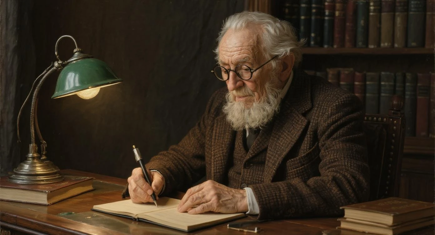 An old man is writing
