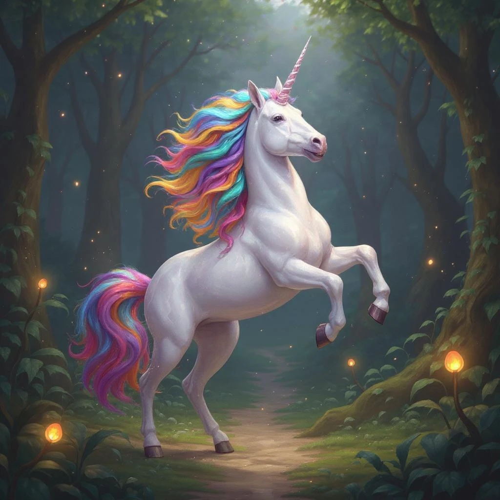 A white unicorn with a rainbow mane and tail rearing up in a magical forest with glowing plants and sparkling dust motes, soft dappled light.