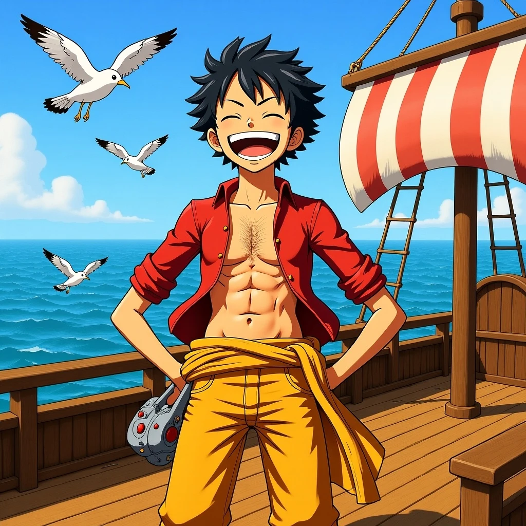 A vibrant image of Monkey D. Luffy standing confidently on the wooden deck of a pirate ship under a sunny sky with seagulls flying overhead.