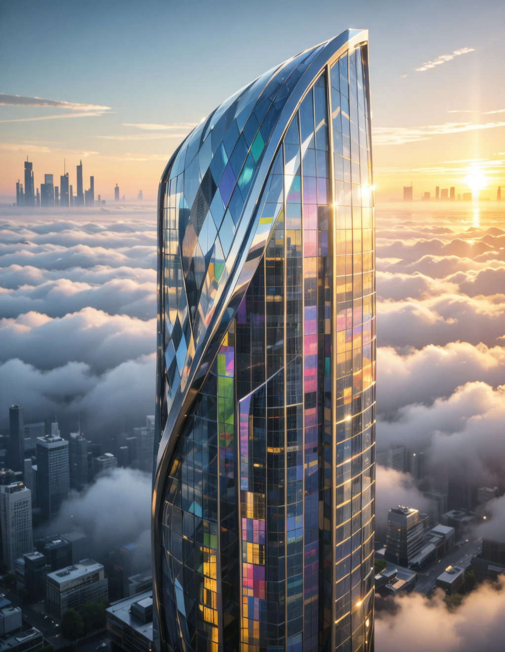 Futuristic landmark tower with parametric façade, mirror metal + glass, sunrise above cloud sea, dramatic skyline, competition-grade visualization, realistic materials, cinematic depth