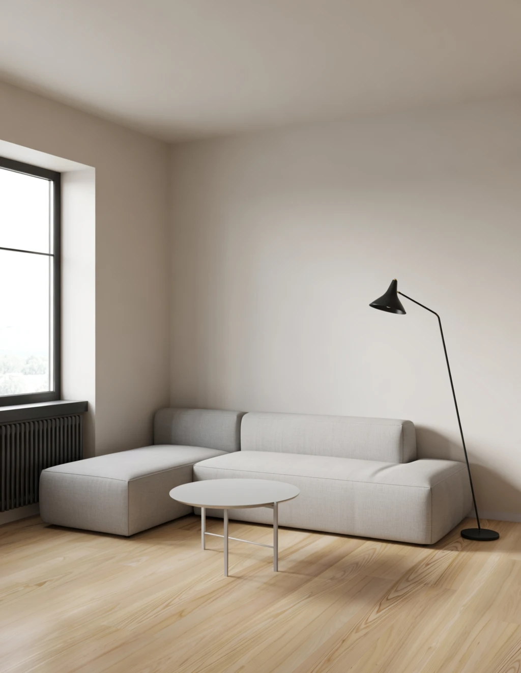 Scandinavian living room, pale wood floor, off-white walls, furniture: a light gray sectional sofa, a minimalist round coffee table, and a simple black floor lamp, large window natural light, balanced composition, architectural wide-angle render, tidy styling, cozy and airy