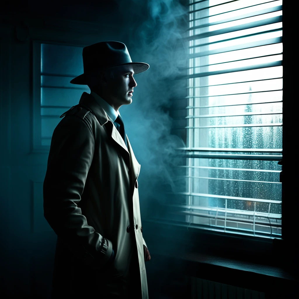 A classic film noir scene. A lone, hard-boiled detective in a fedora and trench coat stands in a dimly lit, smoke-filled office. Blinds on the window cast stark, dramatic shadows across the room. Rain streaks down the glass, reflecting a flickering neon sign from outside. Moody, high contrast, black and white (or desaturated color), cinematic, 1940s aesthetic.