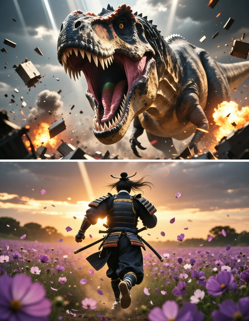A high-impact and cinematic push-in shot of a Tyrannosaurus Rex roaring ferociously on a chaotic battlefield. The camera dollys in rapidly, slightly tilting up to emphasize the creature's immense size and power. The T-Rex stomps the ground, causing a violent screen shake, while its deafening roar sends a shockwave through the air. As it moves, debris from explosions fall down around it, with fires flickering and growing in the background. Dramatic sunlight rays pierce through the stormy clouds, casting a powerful lens flare, and dust particles float in the air as a raw and chaotic atmosphere envelops the entire scene.
A dynamic shot of a lone samurai warrior running at high speed through a field of cosmos flowers. The camera, in a fast-paced tracking shot, follows the subject from behind, getting low to the ground. The warrior's hair and clothes are whipping dramatically in the wind. As they run, the flowers and their petals fly up and swirl around the character, creating a dreamy and chaotic visual. The sun is setting behind them, casting a warm glow and lens flare that enhances the epic and cinematic feel of the scene.