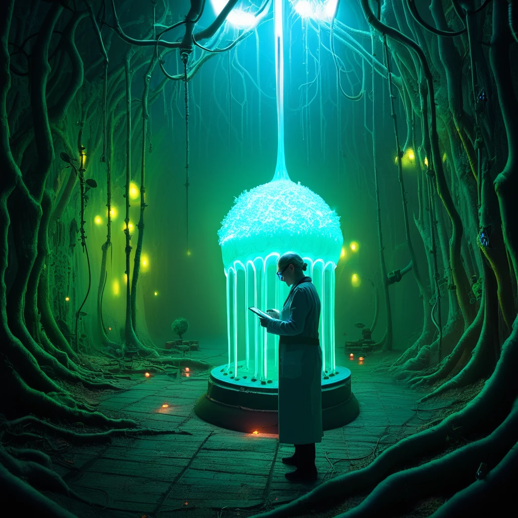 A biopunk laboratory where nature and technology have merged. A scientist studies a giant, translucent plant specimen that glows with an internal, pulsating blue light. Walls are made of living, bioluminescent fungus, and intricate root systems serve as data cables. Eerie, organic, futuristic, detailed, 'Annihilation' inspired.
