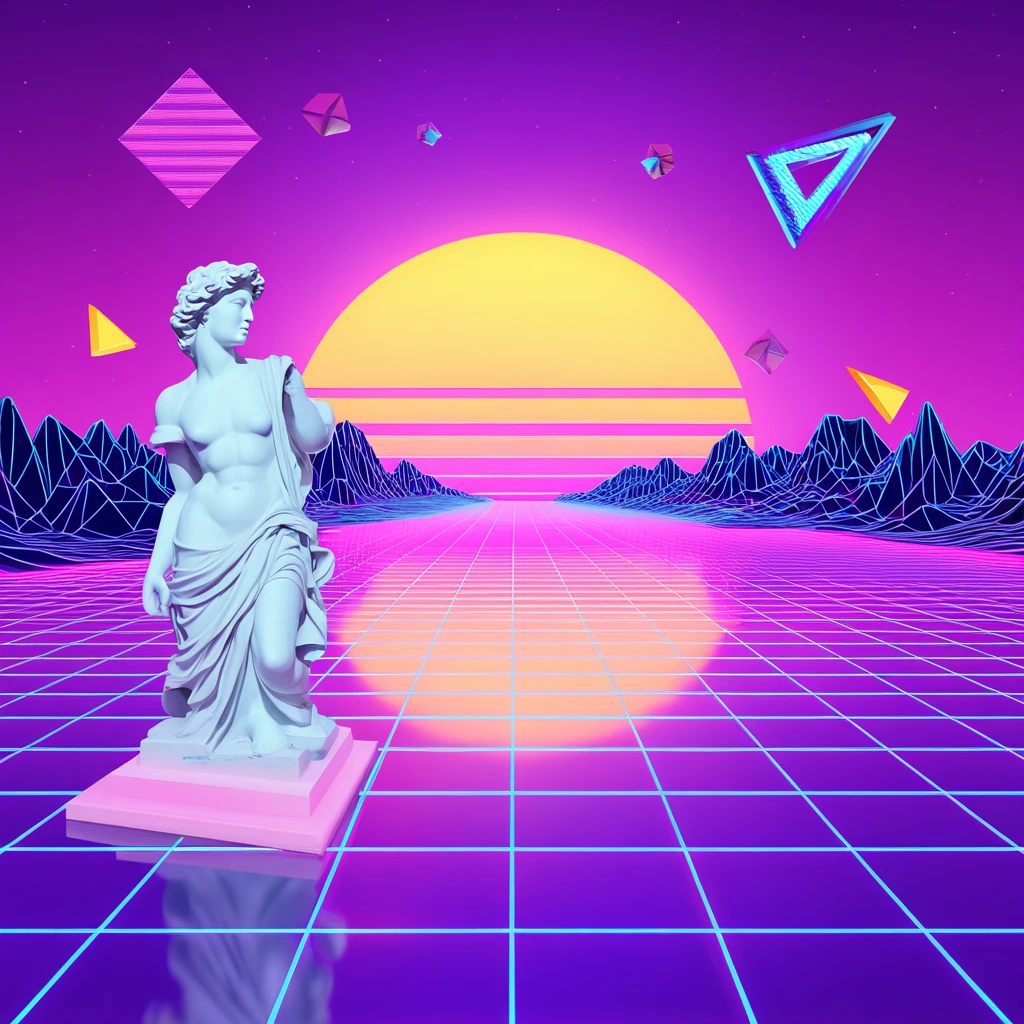 A surreal vaporwave dreamscape. A classic marble statue stands in a pool of pink, reflective water. The background is a digital grid landscape under a purple-pink gradient sky, with a low-resolution sun setting. Floating geometric shapes and digital artifacts drift by. Aesthetic, retro, 80s computer graphics, nostalgic, lo-fi.