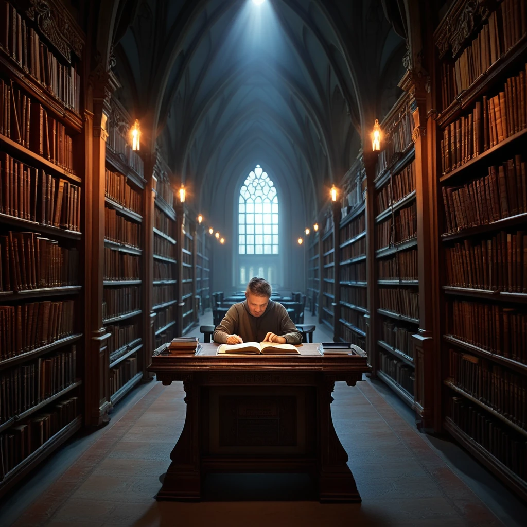An ancient, gothic university library at night, lit only by candlelight and moonlight. Towering shelves filled with leather-bound books reach a vaulted ceiling. A student sits at a heavy oak desk, poring over an old manuscript. Dust motes dance in the beams of moonlight. Atmospheric, moody, scholarly, dark academia, mysterious.