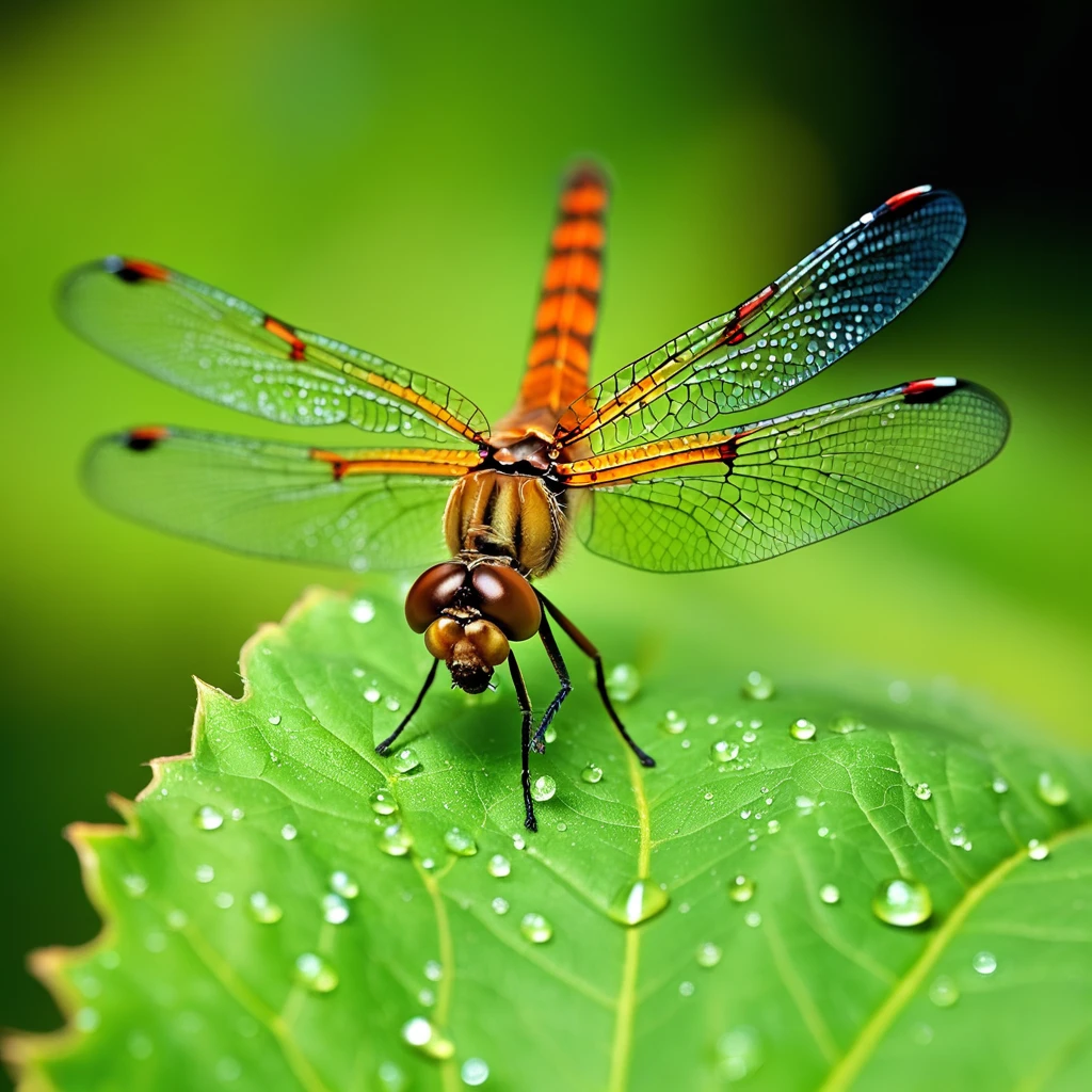 Extreme close-up macro photograph of a dragonfly's wing resting on a leaf. Intricate, iridescent geometric patterns of the wing are visible, with tiny morning dew drops clinging to the surface, refracting light like tiny prisms. The leaf is a vibrant green with sharp veins. Hyper-detailed, photorealistic, shallow depth of field, bokeh.