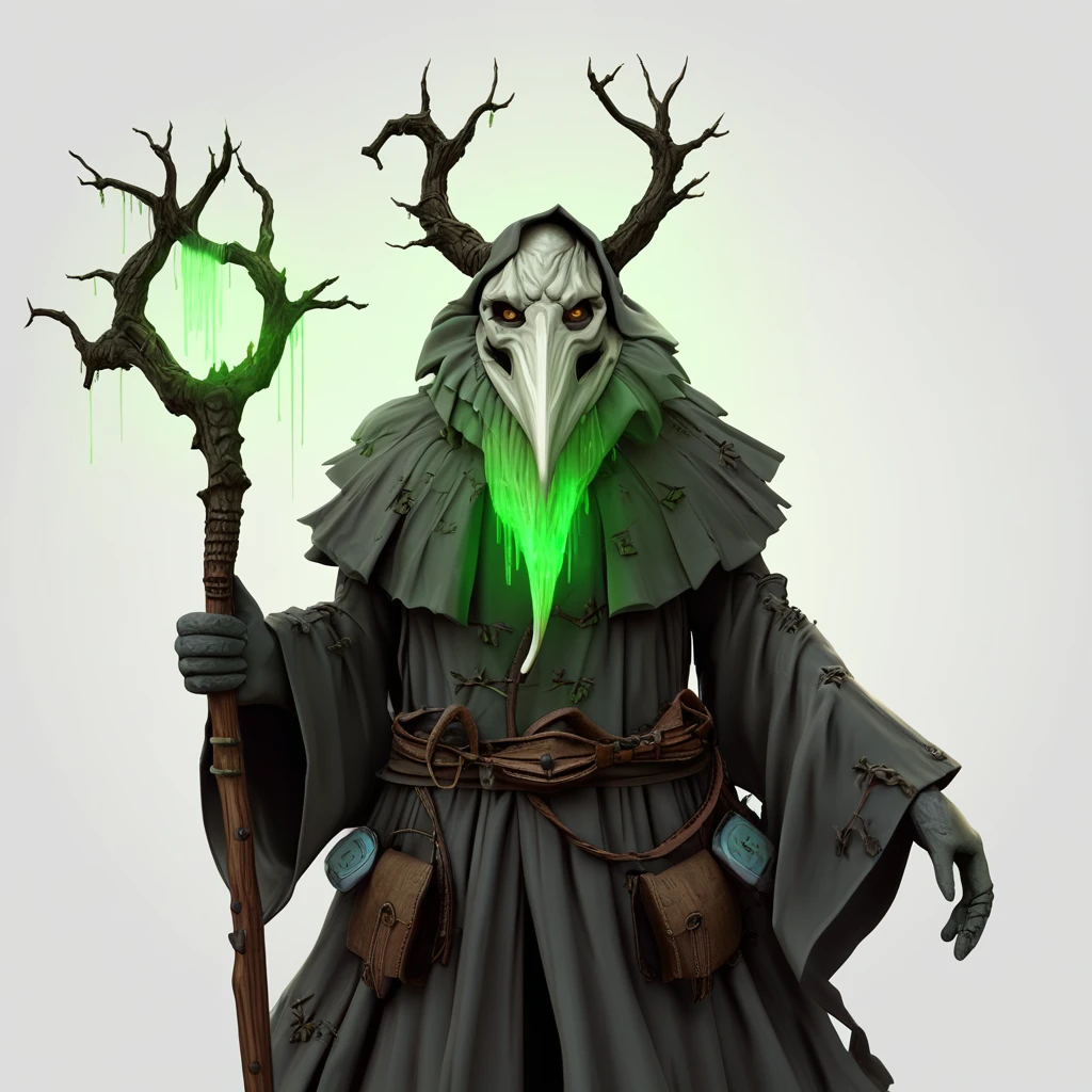 Full-body concept art of a plague doctor druid. They wear a long, dark robe made of stitched-together leaves and bark, and a classic beaked mask carved from pale wood. A gnarled wooden staff, glowing with faint green energy, is held in their gloved hand. A belt holds various pouches and glowing vials. Fantasy, character design sheet, detailed, isolated on white background.