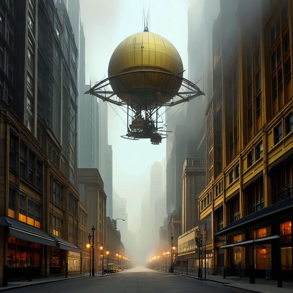 A street-level view of a gritty, towering Dieselpunk city, dominated by massive brass and iron structures inspired by Art Deco architecture. A colossal zeppelin, bristling with machinery, is moored to a skyscraper. The air is thick with smoke and smog, lit by harsh spotlights. Gritty, industrial, 1930s aesthetic, high contrast, cinematic.