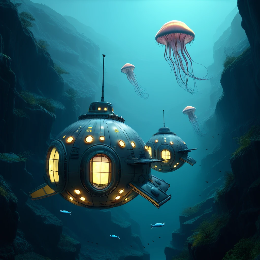 A panoramic view of a bioluminescent underwater city encased in massive, interconnected glass domes on the ocean floor. Sleek, manta-ray-shaped submarines glide between structures. Giant, glowing jellyfish and schools of exotic fish swim past, while deep ocean trenches loom in the dark, mysterious background. Utopian, futuristic, aquatic, detailed, glowing.