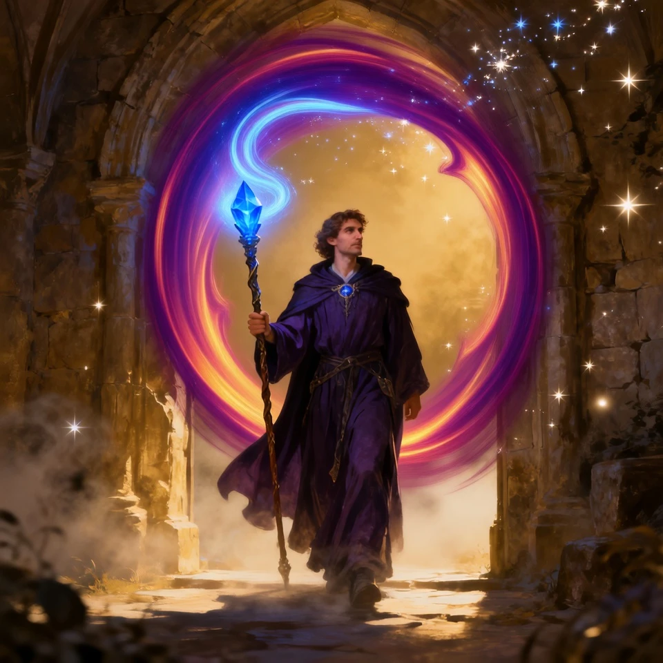 Dramatically transform the archway from a simple stone structure into a swirling, unstable temporal portal.

The Archway: The stone itself begins to visibly crack and dematerialize, its pieces floating and being pulled into the portal.

The Background: The simple bright light erupts into a swirling vortex of deep purple and gold energy, revealing glimpses of a cosmic nebula or another dimension inside.

The Wizard: The wizard's robes and beard must be violently whipped forward by the portal's suction. The staff's magic flares intensely as a shield, pushing back against the vortex.

This prompt tests the model's ability to generate complex, evolving VFX (the portal) and simulate its physical interaction (wind, suction) with the character and environment coherently over time.