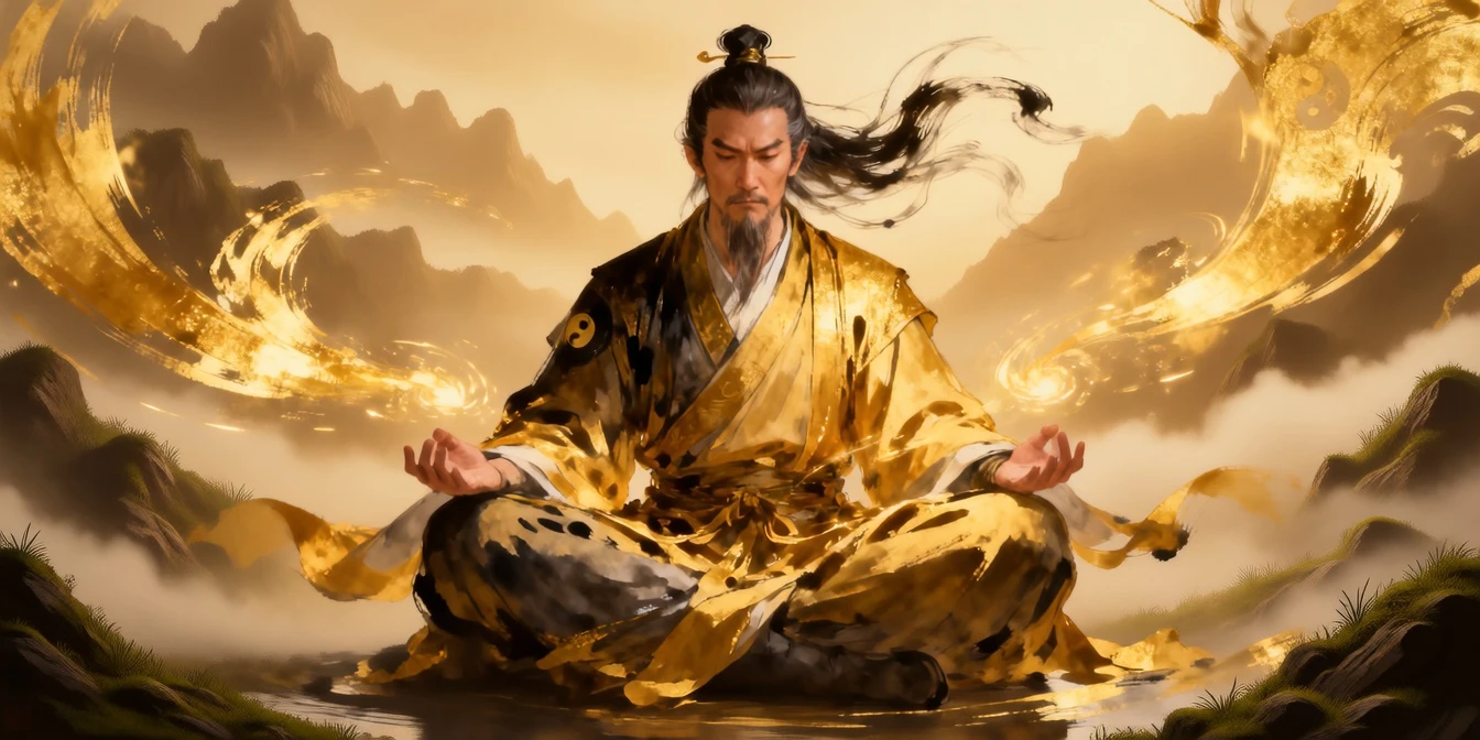 Execute a stunning environmental metamorphosis around the meditating figure.

Ink to Reality: The abstract black ink swirls and golden strokes in the background gradually coalesce and transform into a highly detailed, realistic, serene natural landscape (e.g., misty mountains, flowing rivers, ancient trees). The transition should be like ink dissolving to reveal a hidden painting.

Golden Pathways: The golden light trails become tangible, glowing pathways or streams that flow through the newly revealed realistic landscape.

Figure's Integration: The figure's robes and hair subtly become more grounded and physically rendered, no longer as abstract, but still retaining their original colors and form. His entire being now looks seamlessly integrated into the realistic environment.

This prompt challenges the model to perform a complex, coherent stylistic and environmental shift from abstract to realistic, demonstrating its ability to re-render textures and lighting across an entire scene with high temporal fidelity.