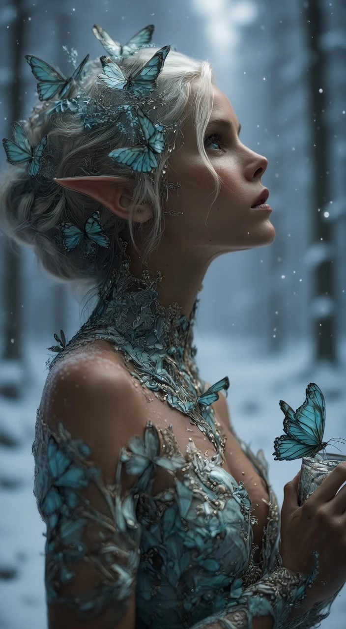 Initiate a dramatic seasonal transformation of the environment around the elf.

Background Change: The blurry green forest bokeh background fades and transitions into a snowy, moonlit winter forest. The soft bokeh lights transform into large, gently falling snowflakes that drift across the scene.

Environmental Interaction: Frost patterns visibly creep and spread across the edges of the frame and begin to form on her intricate shoulder armor. Her skin should gain a subtle, cold pallor, and visible magical frost appears on her eyelashes.

Butterfly Reaction: The blue butterflies in her hair and on her dress begin to glow with a faint, inner warmth (a magical reaction) and slowly flap their wings as if trying to stay warm.

This tests the model's ability to coherently change an entire environment's season, handle complex particle physics (snow), and apply evolving material changes (frost) temporally.