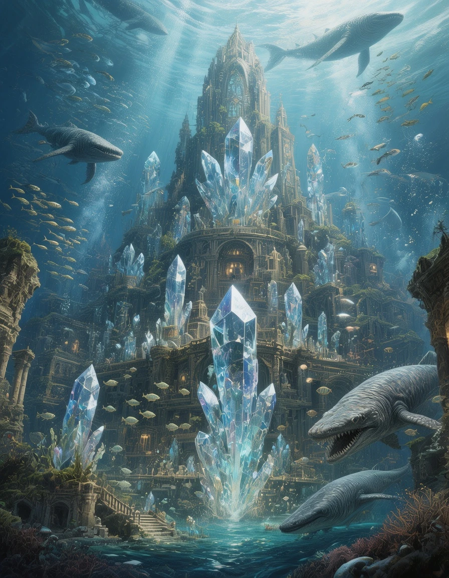 concept art of a magnificent, forgotten underwater city, Atlantis style, giant glowing crystals powering the city, schools of fish and massive sea creatures swimming among the ruins, digital painting, style of Greg Rutkowski, cool color palette, epic, strong lighting and shadows.