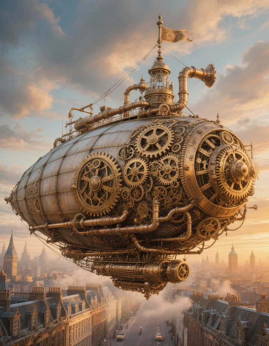a massive steampunk airship with intricate brass gears and pipes, flying slowly over Victorian London at sunset, warm light illuminating the clouds, extremely detailed, matte painting, imaginative, warm color palette