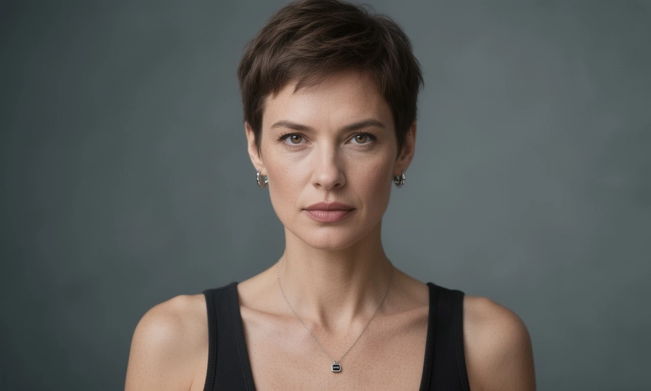 professional portrait of a confident female architect in her 30s, sharp short hair, determined and confident gaze, studio setting with a dark gray background, Rembrandt lighting with soft shadows defining her features, hyper-detailed, visible skin pores and texture, catchlight in eyes, shot on Hasselblad X2D 100C
