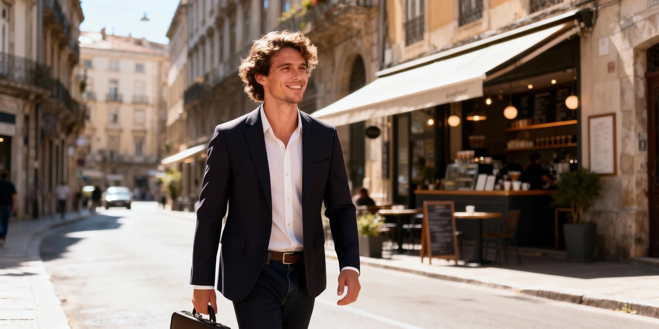 Transform the figure's attire from casual traveler to a sharp, modern business professional.

Shirt & Backpack: His current gray shirt and backpack seamlessly transition into a tailored, dark navy suit jacket and a crisp white dress shirt. The backpack should dematerialize or be replaced by a sleek, minimalist leather briefcase held in his left hand (viewers' right).

Pants & Shoes: His jeans transform into matching dark navy dress pants, and his casual shoes become polished, dark brown leather Oxfords.

Fabric Dynamics & Lighting: The new suit's fabric should show realistic, sharp creases and folds that move subtly with his existing stride. The bright sunlight should create distinct, glossy highlights on the suit's material and sharp shadows that redefine his silhouette. His hair remains the same, but his expression gains a subtle, focused determination.

This tests the model's ability to perform a complete and coherent outfit overhaul, accurately render new fabric textures and folds (suit, leather), and demonstrate realistic, dynamic light interaction on these entirely new materials over time.
