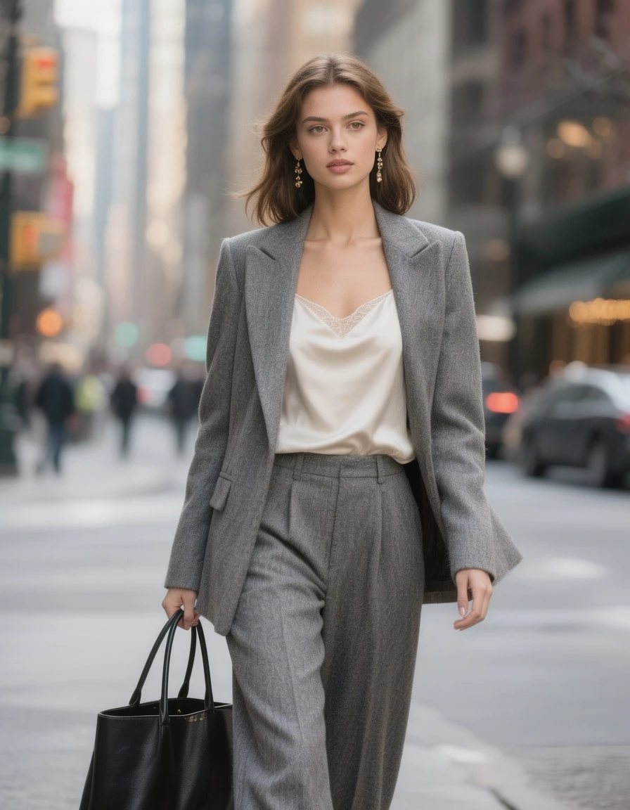 A professional young woman walks down a street in New York, wearing a well-tailored grey wool blazer over a white silk camisole with matching wide-leg trousers. She is wearing delicate gold earrings and carrying a black leather tote bag. Her expression is confident, with a blurred city scene in the background.